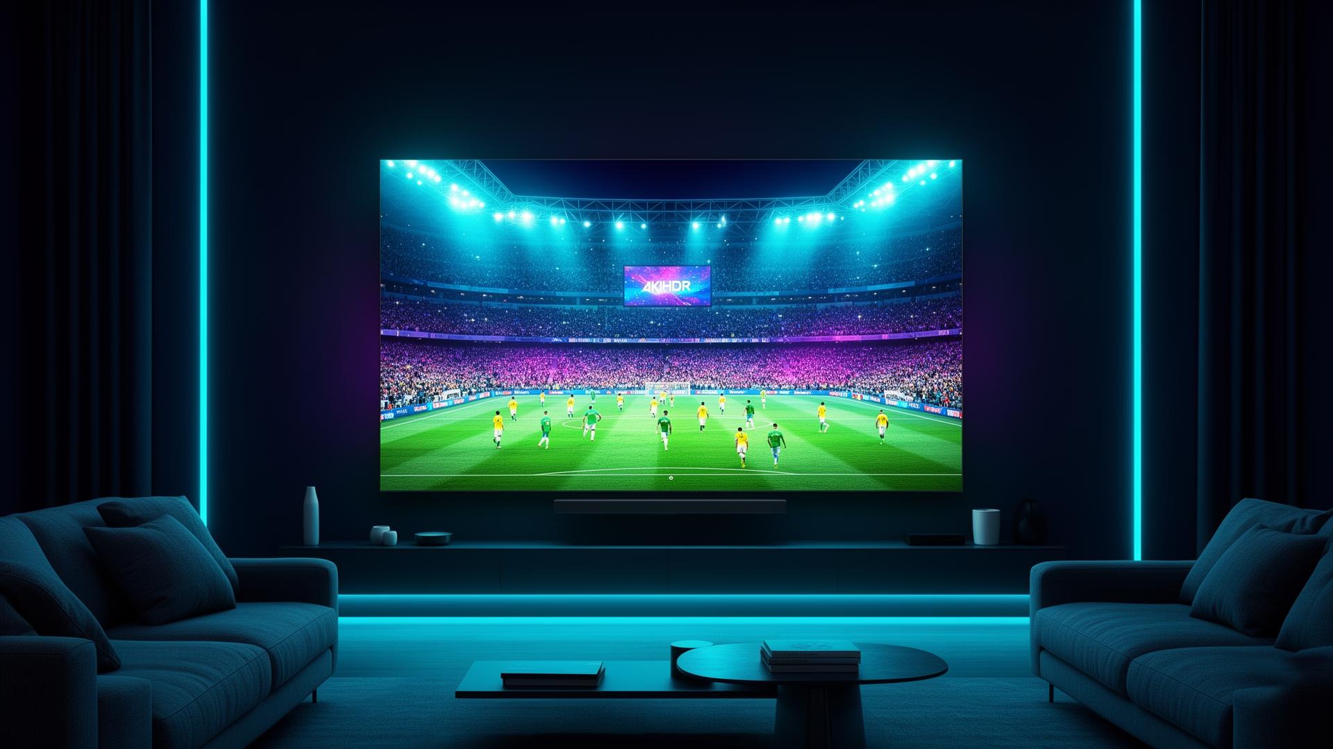 Smart TV exibindo jogo de futebol em 4K HDR durante teste IPTV grátis da TelaBR